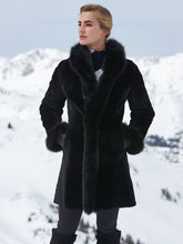 Women's Luxury Reversible Black Shearling Long Coat with Fur Trim | Premium Sheepskin Winter Coat