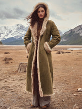Women’s Olive Green Shearling Coat with Fur Hood – Long Suede Winter Coat