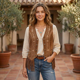 Women's Vintage Western Fringe Embroidered Leather Vest – Brown Cowboy Suede Waistcoat