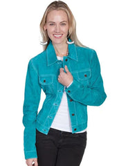 Women's Turquoise Suede Leather Trucker Jacket | Classic Western Button-Front Jacket