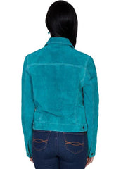 Women's Turquoise Suede Leather Trucker Jacket | Classic Western Button-Front Jacket