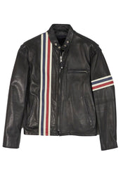 Men’s Black Genuine Leather Racer Jacket with Red and White Stripes – The Western Jacket