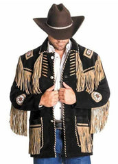 Men's Black Western Fringe Suede Jacket with Native Embroidered Details | Cowboy Style Jacket