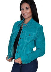 Women's Turquoise Suede Leather Trucker Jacket | Classic Western Button-Front Jacket