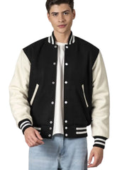 Men’s Black & White Classic Varsity Jacket | Snap Button Bomber Jacket