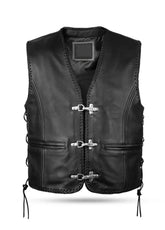 Men’s Black Leather Biker Vest with Side Lace & Metal Hook Closure