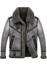 Men's Arctic Grey Shearling Aviator Leather Jacket – Winter Faux Fur B3 Bomber Jacket
