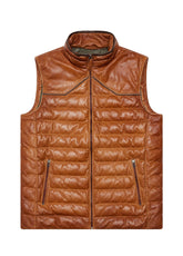 Men’s Brown Quilted Leather Puffer Vest – Premium Winter Zip-Up Sleeveless Jacket