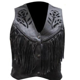 Black Leather Fringe Vest with Rose Cut Design – Western Style Biker Vest | The Western Jacket