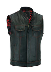 Men’s Black Leather Biker Vest with Red Stitching – Premium Motorcycle Western Vest | The Western Jacket