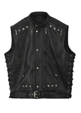 Men’s Black Gothic Leather Biker Vest with Side Laces & Studded Design