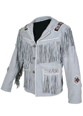 Men’s White Western Fringe Leather Jacket – Handmade Cowboy Suede Jacket with Native Embroidered Details