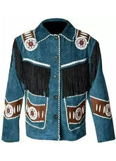 Men's Blue Suede Fringe Western Jacket – Native Inspired Cowboy Leather Coat with Embroidered Tribal Detail
