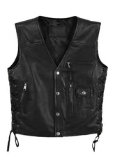 Men’s Black Leather Motorcycle Biker Vest with Side Laces – Classic Snap Button Riding Vest