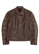 Men’s Brown Genuine Leather Star Sleeve Biker Jacket – The Western Jacket