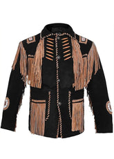 Men's Black Western Fringe Suede Jacket – Cowboy Style Tassel Leather Inspired Coat with Tribal Embroidery