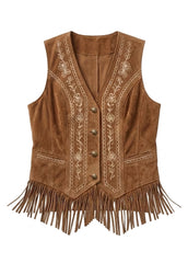 Women's Vintage Western Fringe Embroidered Leather Vest – Brown Cowboy Suede Waistcoat