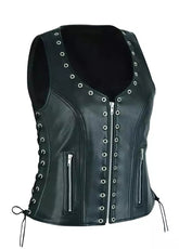 Women’s Black Leather Biker Vest – Lace-Up Sides & Zipper Front | The Western Jacket