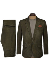 Men's Luxury Olive Green Suede Leather Two-Piece Suit