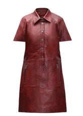 Women’s Maroon Genuine Leather Short-Sleeve Dress | The Western Jacket
