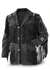 Men’s Black Western Fringe Leather Jacket with Native Inspired Detailing | Cowboy Style Tassel Jacket