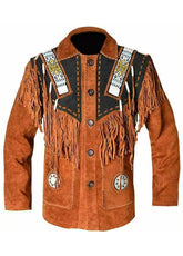Men’s Western Fringe Suede Leather Jacket – Native Inspired Cowboy Coat, Vintage Ranch Wear, Handmade Brown Western Fashion Jacket