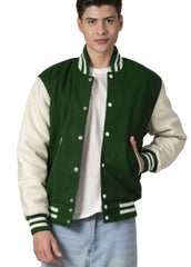 Men’s Forest Green Varsity Jacket with White Sleeves | Classic Letterman Bomber