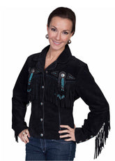 Women's Black Suede Fringe Western Jacket with Turquoise Beaded Concho | Handmade Cowgirl Leather Jacket