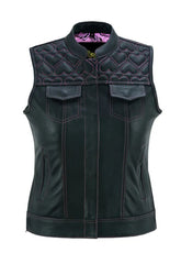 Women’s Black Leather Western Vest with Pink Heart Stitching | Stylish Biker Cowgirl Vest – The Western Jacket