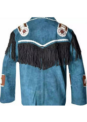 Men's Blue Suede Fringe Western Jacket – Native Inspired Cowboy Leather Coat with Embroidered Tribal Detail