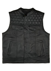 Men’s Black Leather Biker Vest with Hexagon Quilted Shoulder Design