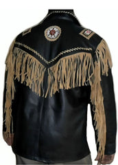 Men's Black Western Fringe Suede Jacket with Native Embroidered Details | Cowboy Style Jacket