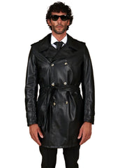 Men’s Real Leather Long Trench Coat – Classic Black Double-Breasted Overcoat | The Western Jacket