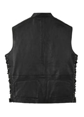 Men’s Black Gothic Leather Biker Vest with Side Laces & Studded Design