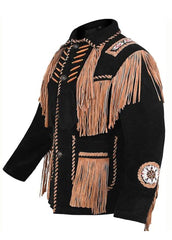 Men's Black Western Fringe Suede Jacket – Cowboy Style Tassel Leather Inspired Coat with Tribal Embroidery