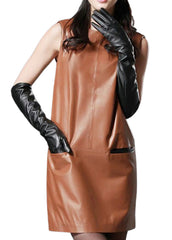 Women’s Tan Genuine Leather Sleeveless Mini Dress | The Western Jacket