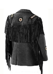 Men’s Black Western Fringe Leather Jacket with Native Inspired Detailing | Cowboy Style Tassel Jacket