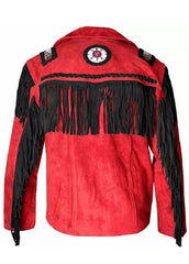Men’s Red Western Fringe Suede Leather Jacket with Black Tassels | Cowboy Style Jacket