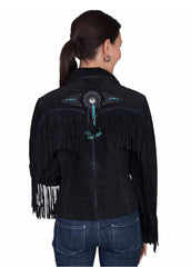 Women's Black Suede Fringe Western Jacket with Turquoise Beaded Concho | Handmade Cowgirl Leather Jacket