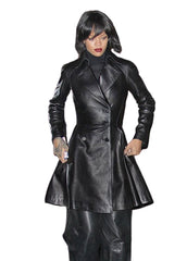 Women’s Black Flared Genuine Leather Long Coat | The Western Jacket