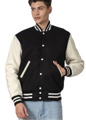 Men’s Black & White Classic Varsity Jacket | Snap Button Bomber Jacket