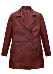 Women’s Genuine Leather Long Coat – Burgundy Classic Double-Breasted Trench | The Western Jacket