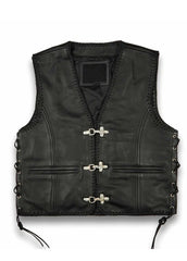 Men’s Black Leather Biker Vest with Side Lace & Metal Hook Closure