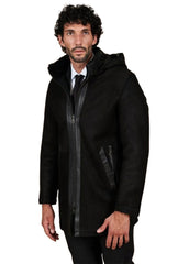 Men’s Black Suede Leather Long Coat with Hood – Classic Winter Overcoat by The Western Jacket