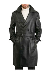Men's Classic Black Genuine Leather Trench Coat - Double-Breasted Overcoat
