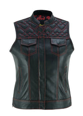 Women’s Black Leather Vest with Red Heart Stitching | Stylish Western Sleeveless Jacket