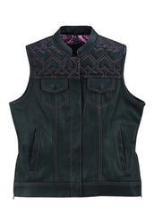 Women’s Black Leather Western Vest with Pink Heart Stitching | Stylish Biker Cowgirl Vest – The Western Jacket