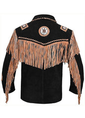 Men's Black Western Fringe Suede Jacket – Cowboy Style Tassel Leather Inspired Coat with Tribal Embroidery