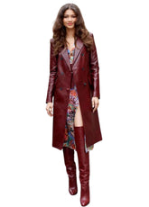Women’s Maroon Double-Breasted Genuine Leather Long Coat | The Western Jacket