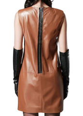 Women’s Tan Genuine Leather Sleeveless Mini Dress | The Western Jacket